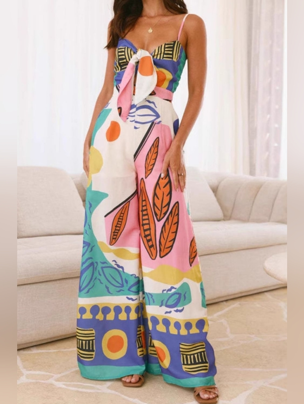 Women’s Wide-Leg Tropical Print Jumpsuit - Pink Multi
